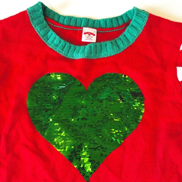 HOLIDAY TIME Christmas Sweater~Flip Sequin Green/Silver Heart~Girls L 10-12 PLUS - Picture 3 of 12